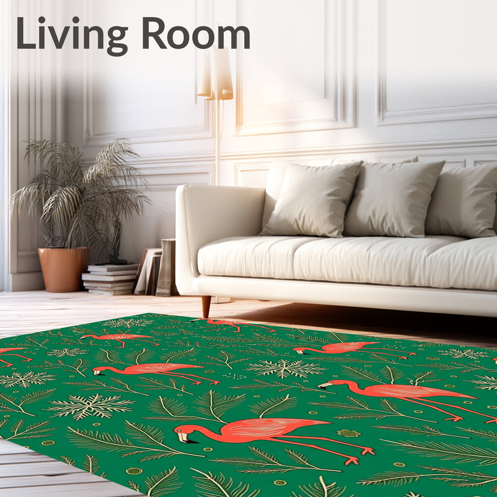 Coral Flamingo Snowflakes Emerald Background Rug