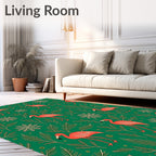 Coral Flamingo Snowflakes Emerald Background Rug