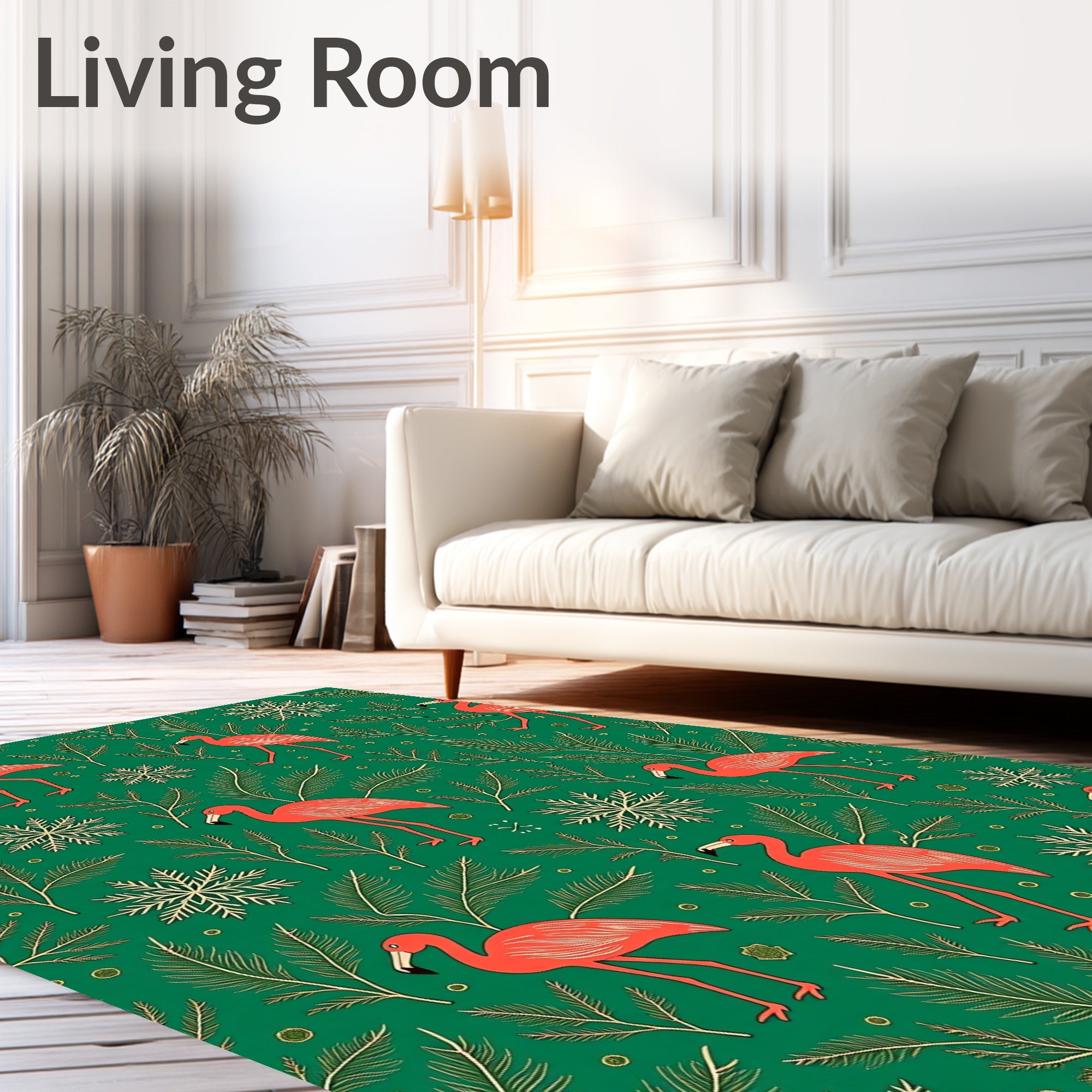 Coral Flamingo Snowflakes Emerald Background Rug