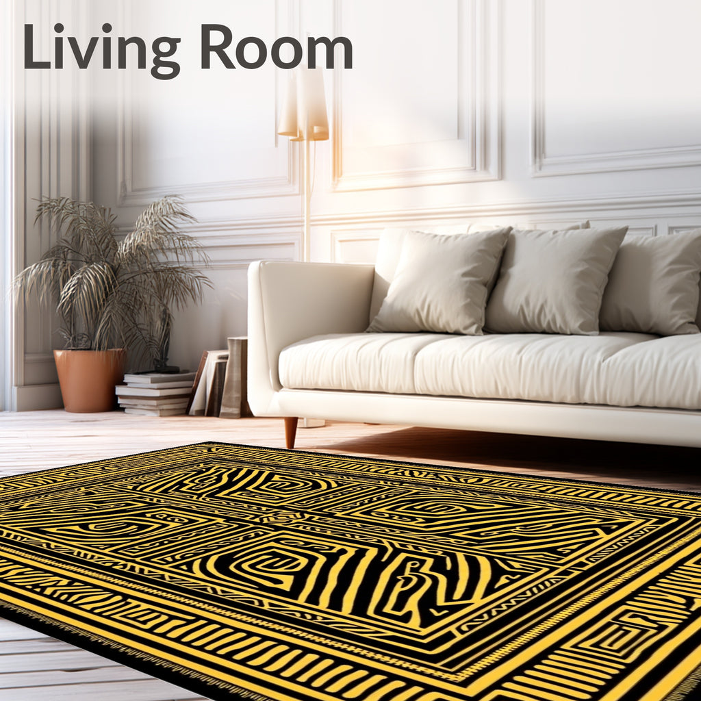 Golden Black Abstract Maze Rug