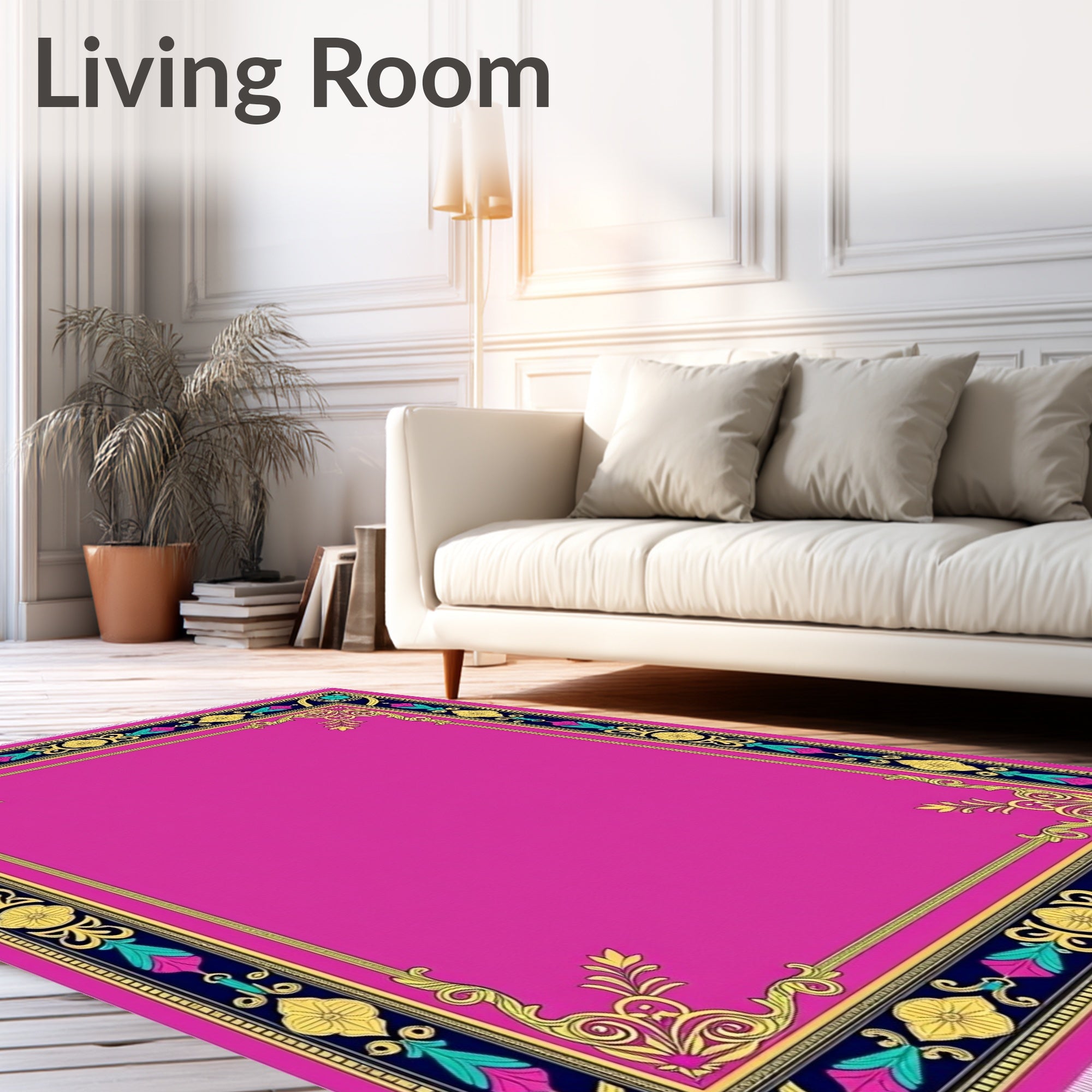 Vibrant Pink Gold Floral Border Rug