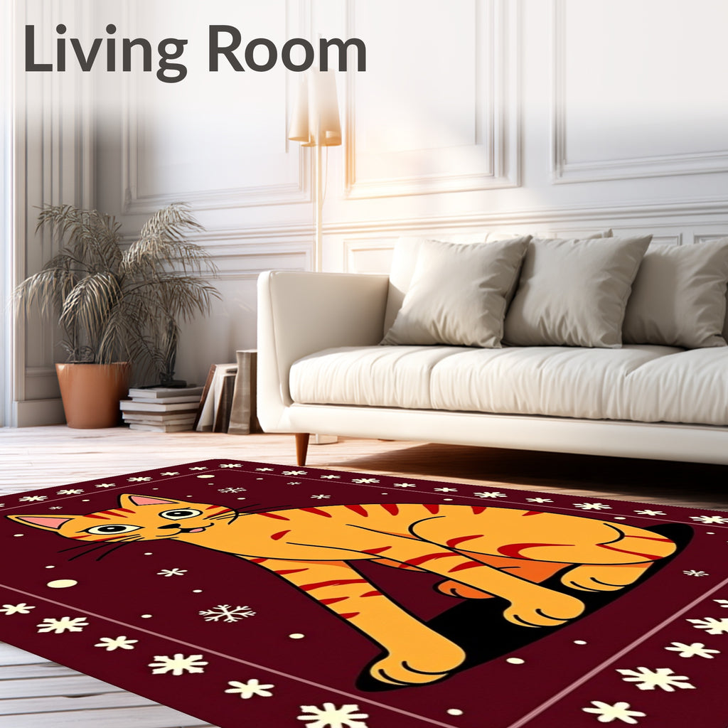 Orange Tabby Cat Snowflake Border Rug