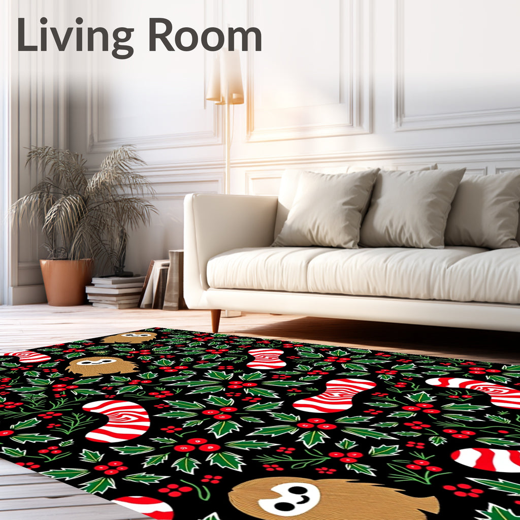 Cute Sloth Candy Cane Holly Holiday Rug
