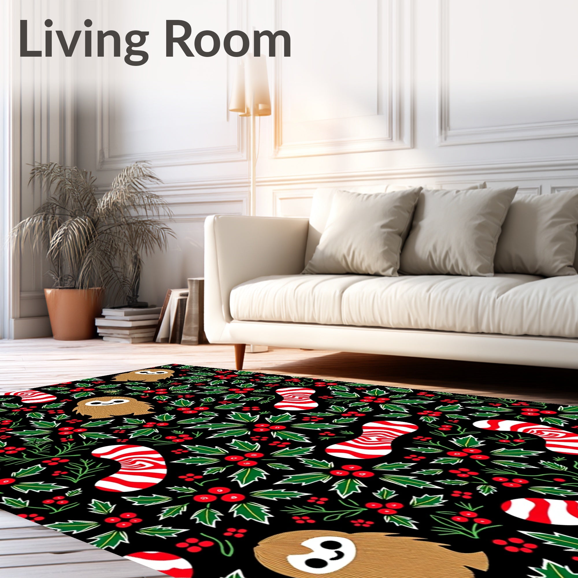 Cute Sloth Candy Cane Holly Holiday Rug
