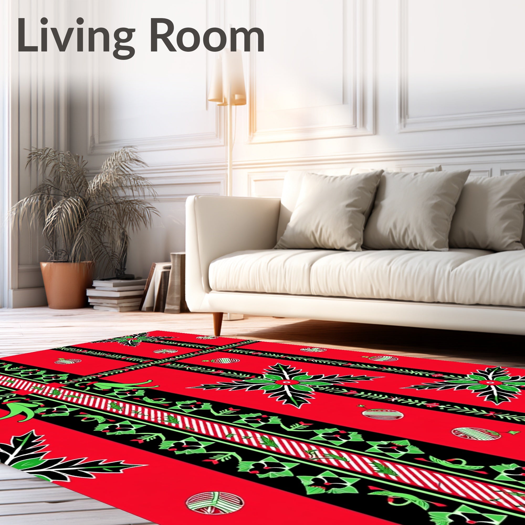 Red Black Green Ornate Festive Ornaments Rug