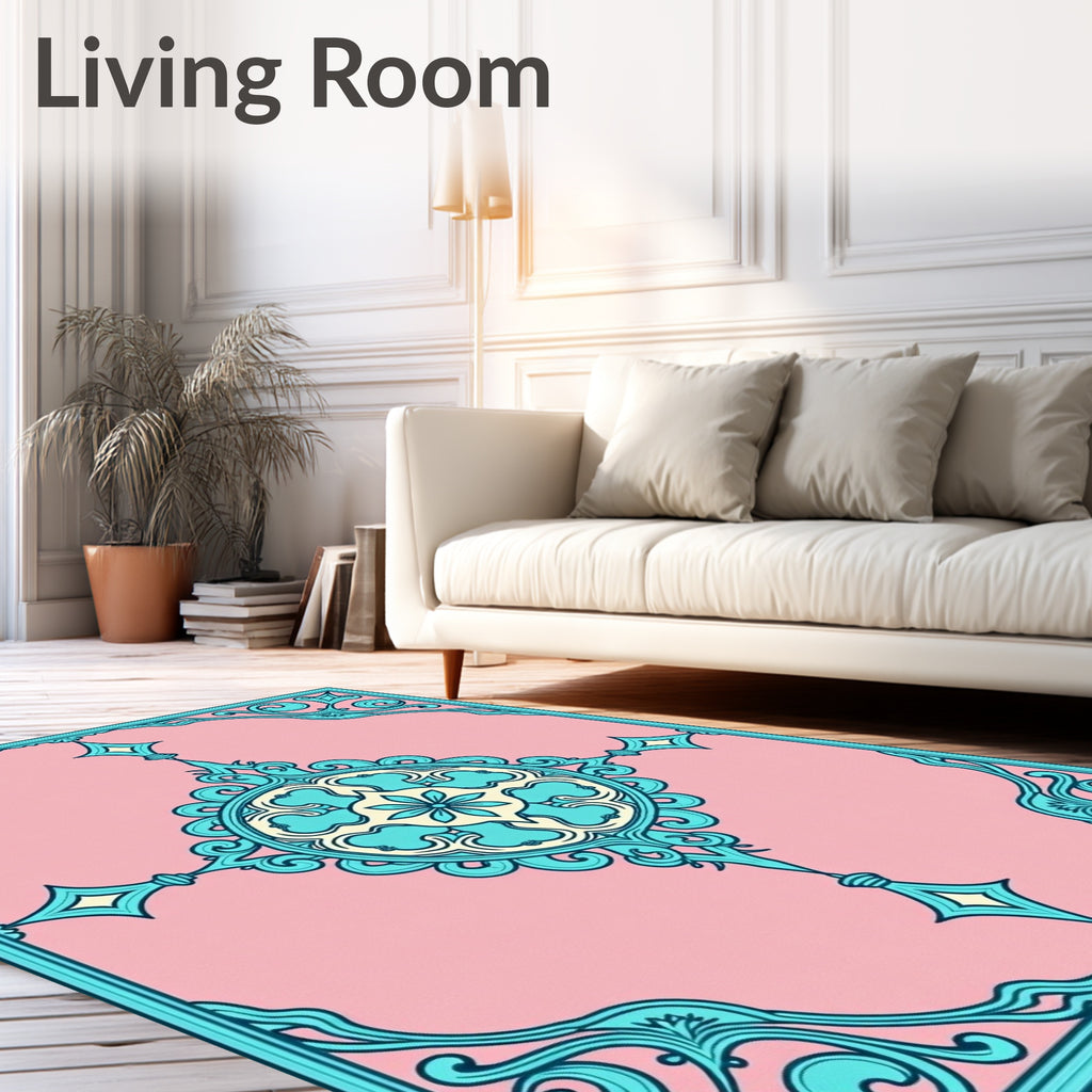 Cerulean Teal Floral Medallion Pink Rug
