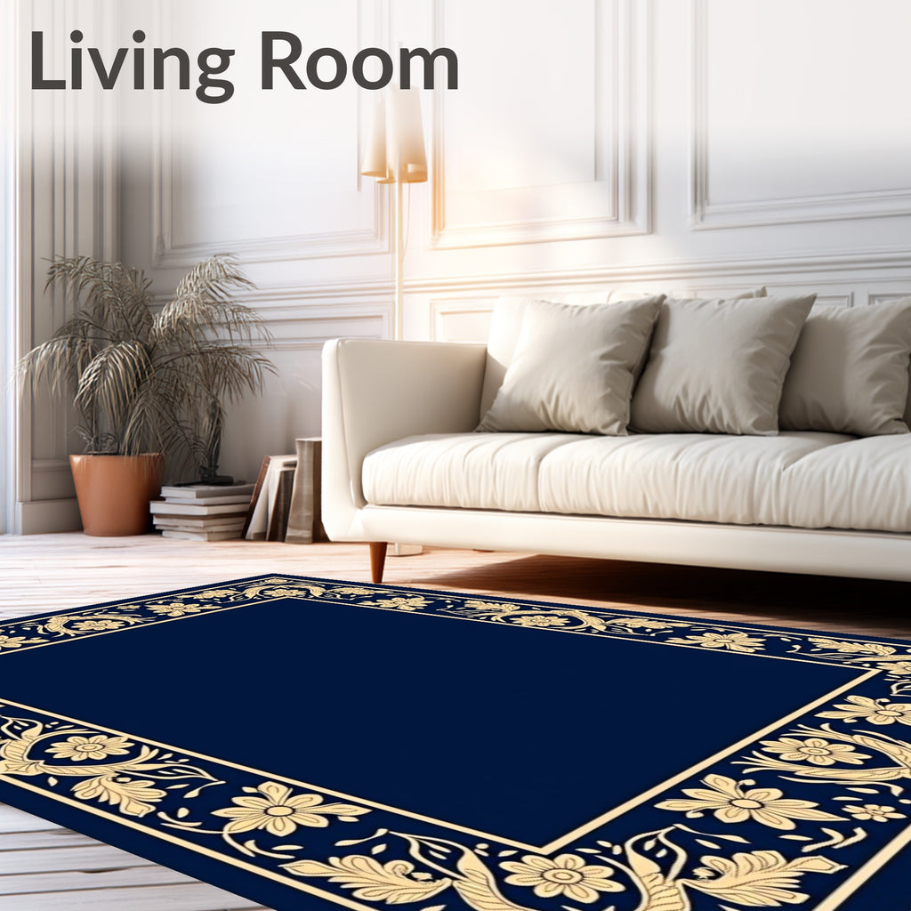 Navy Floral Scroll Border Rug