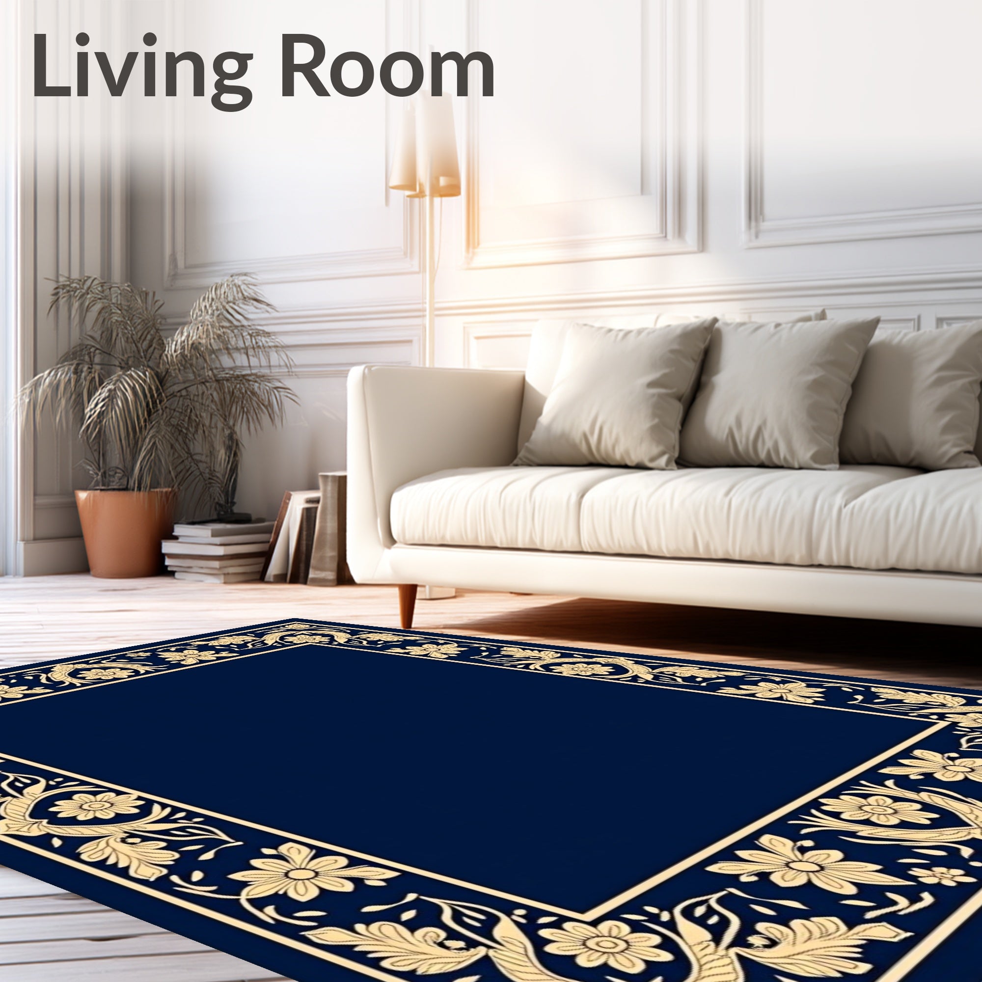 Navy Floral Scroll Border Rug