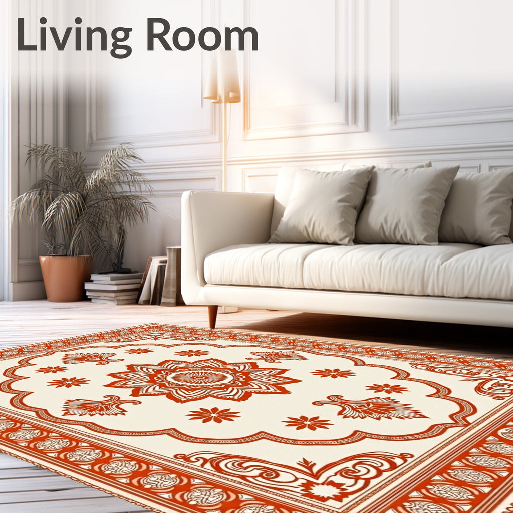 Ornate Crimson Mandala Cream Rug