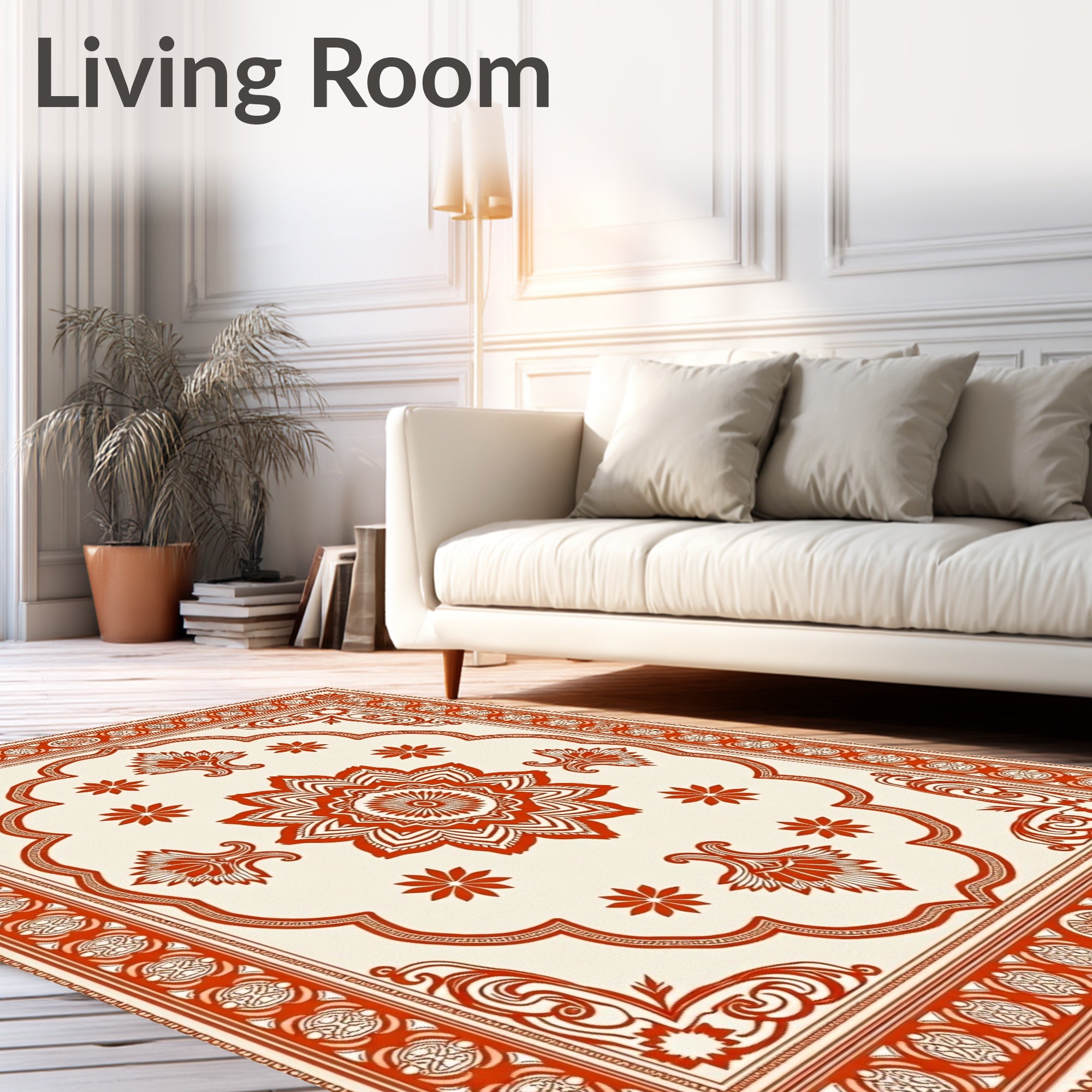 Ornate Crimson Mandala Cream Rug