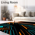 Neon Orange Blue Circuit Grid Rug