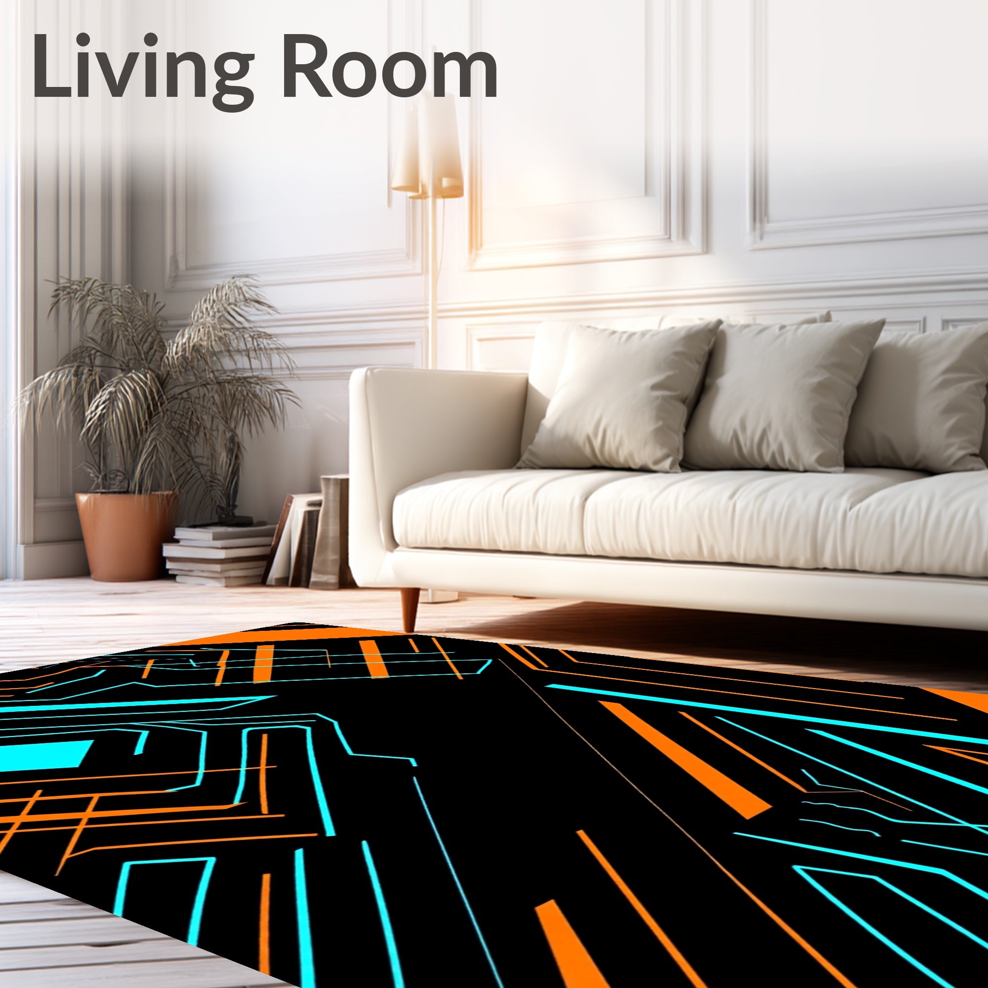 Neon Orange Blue Circuit Grid Rug