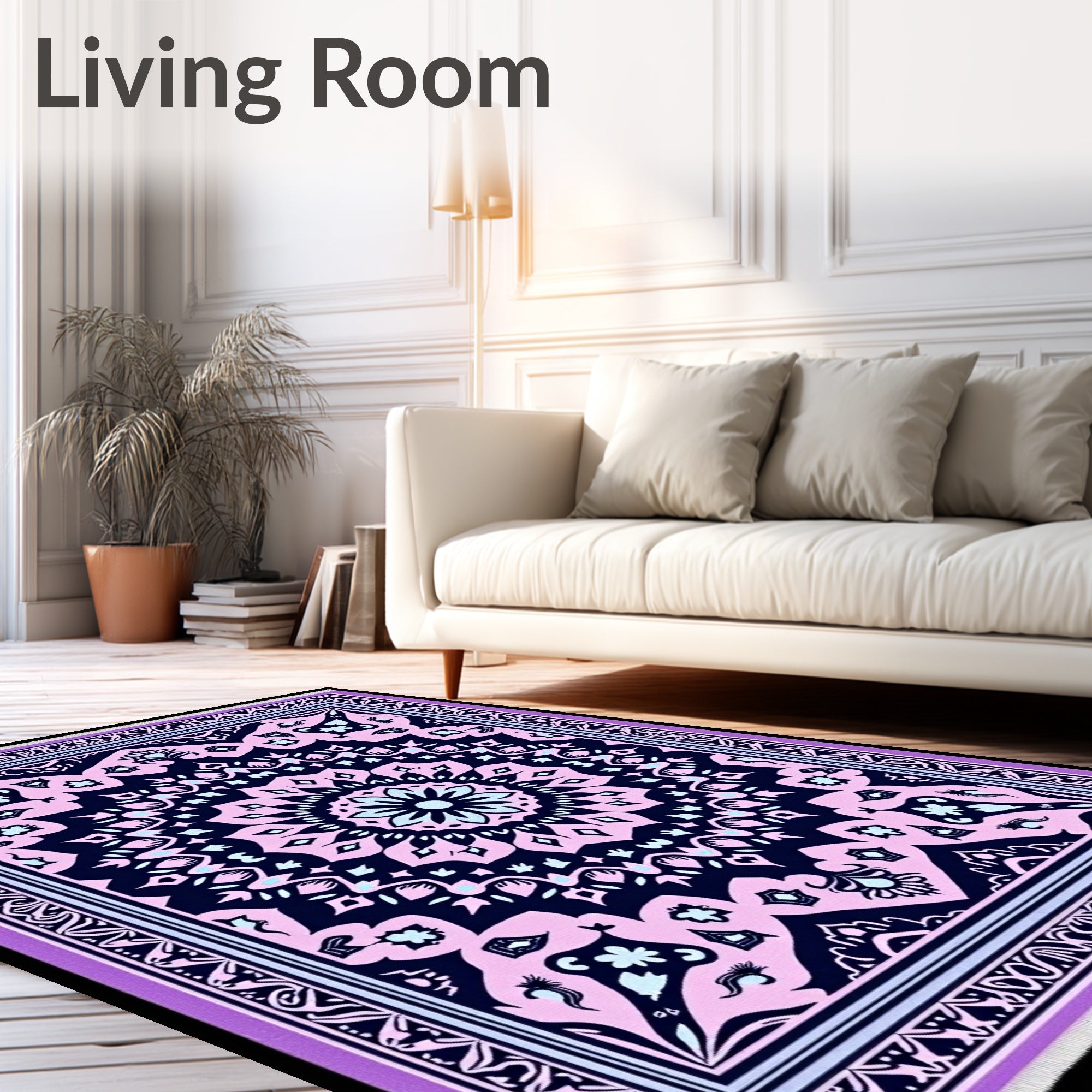 Soft Pink Navy Mandala Border Rug