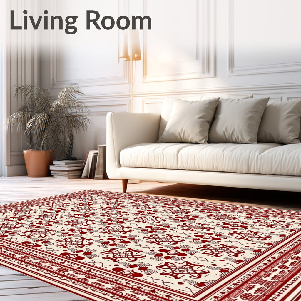 Crimson Symmetrical Floral Border Rug