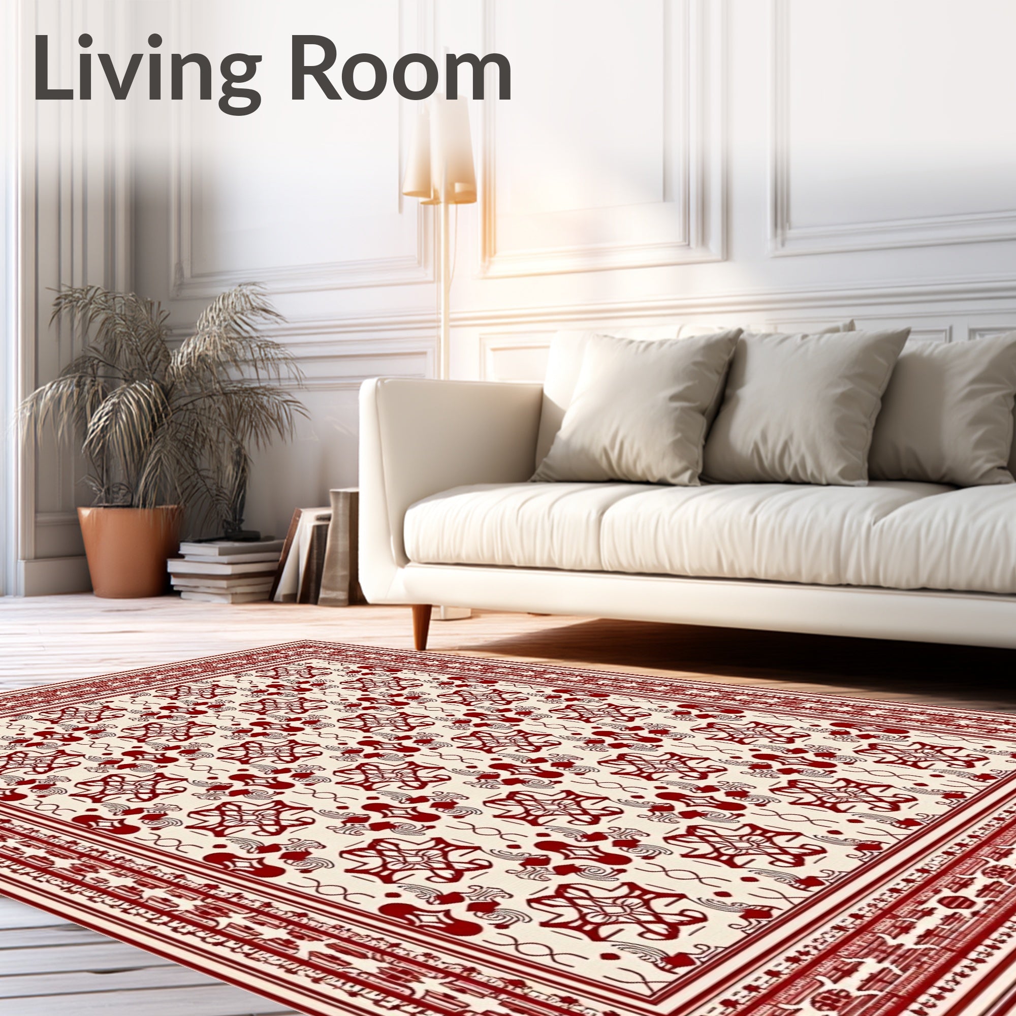 Crimson Symmetrical Floral Border Rug