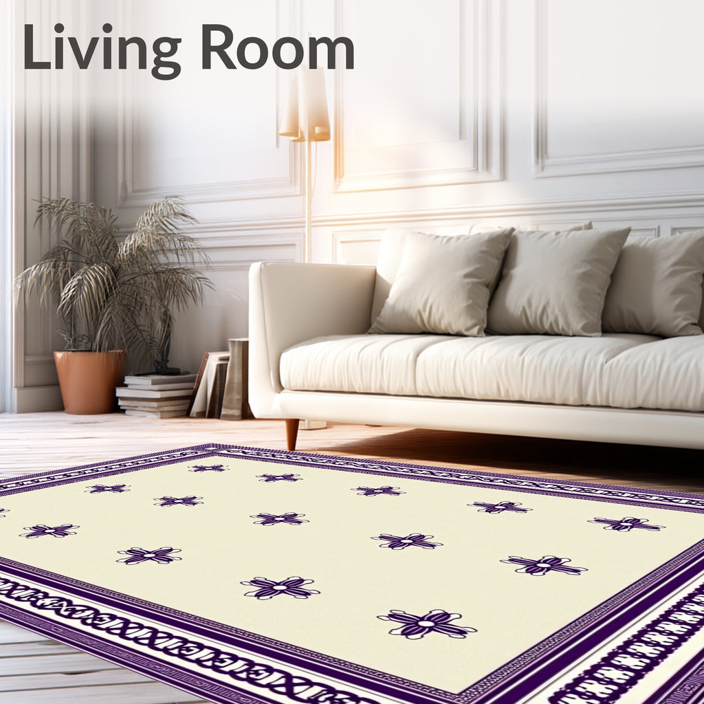 Cream Purple Floral Scroll Border Rug