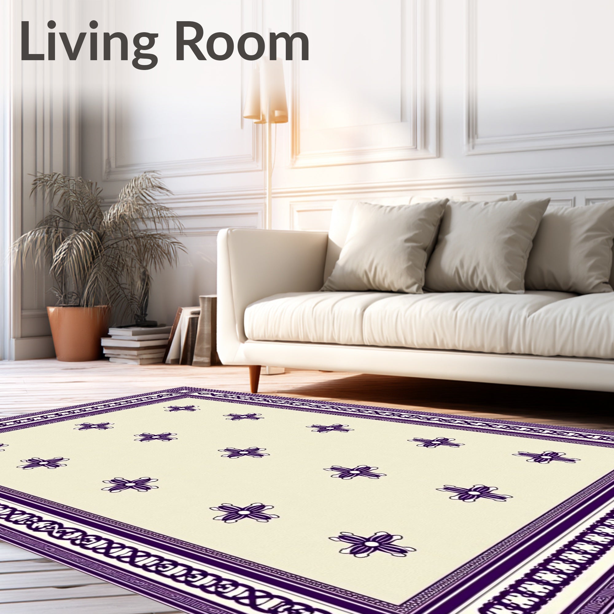 Cream Purple Floral Scroll Border Rug