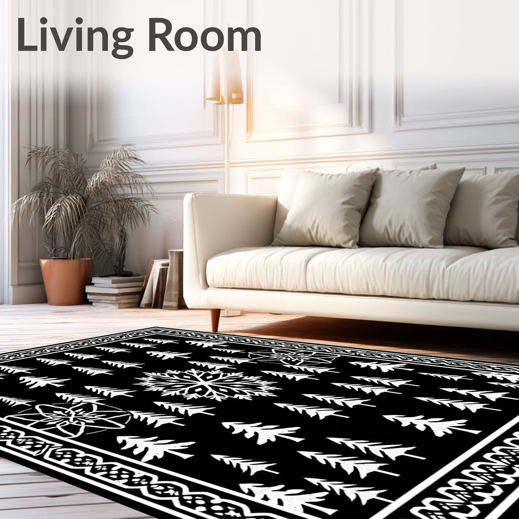 Black White Evergreen Snowflake Trio Rug