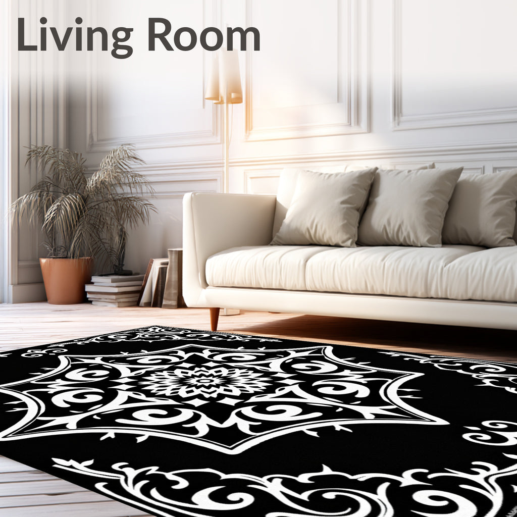 Classic Black White Floral Mandala Rug