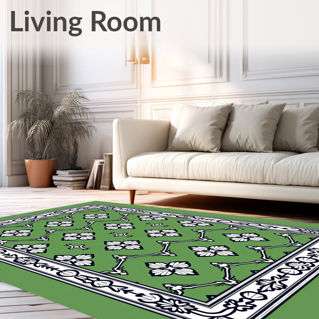 Green White Floral Lattice Border Rug