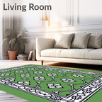Green White Floral Lattice Border Rug
