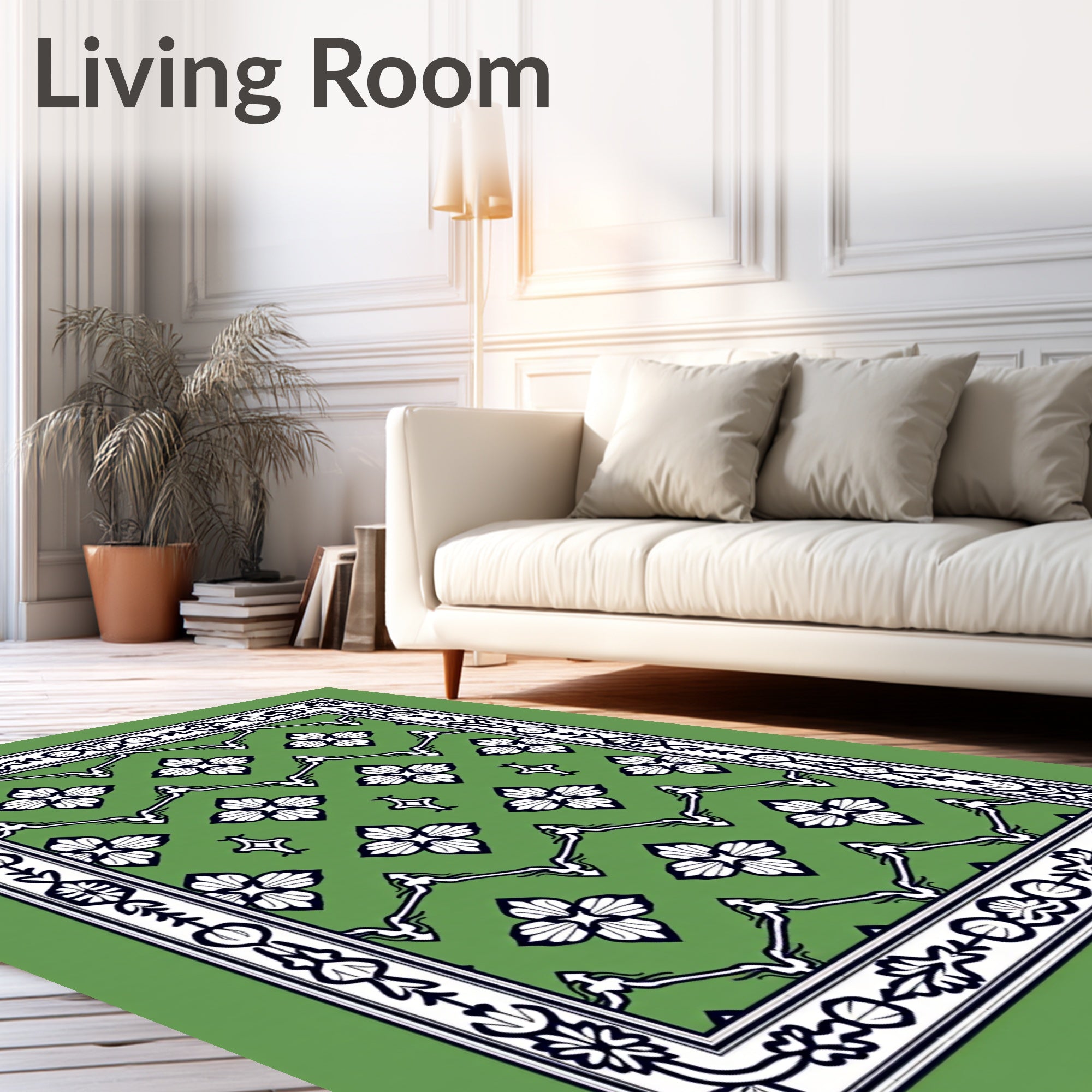Green White Floral Lattice Border Rug