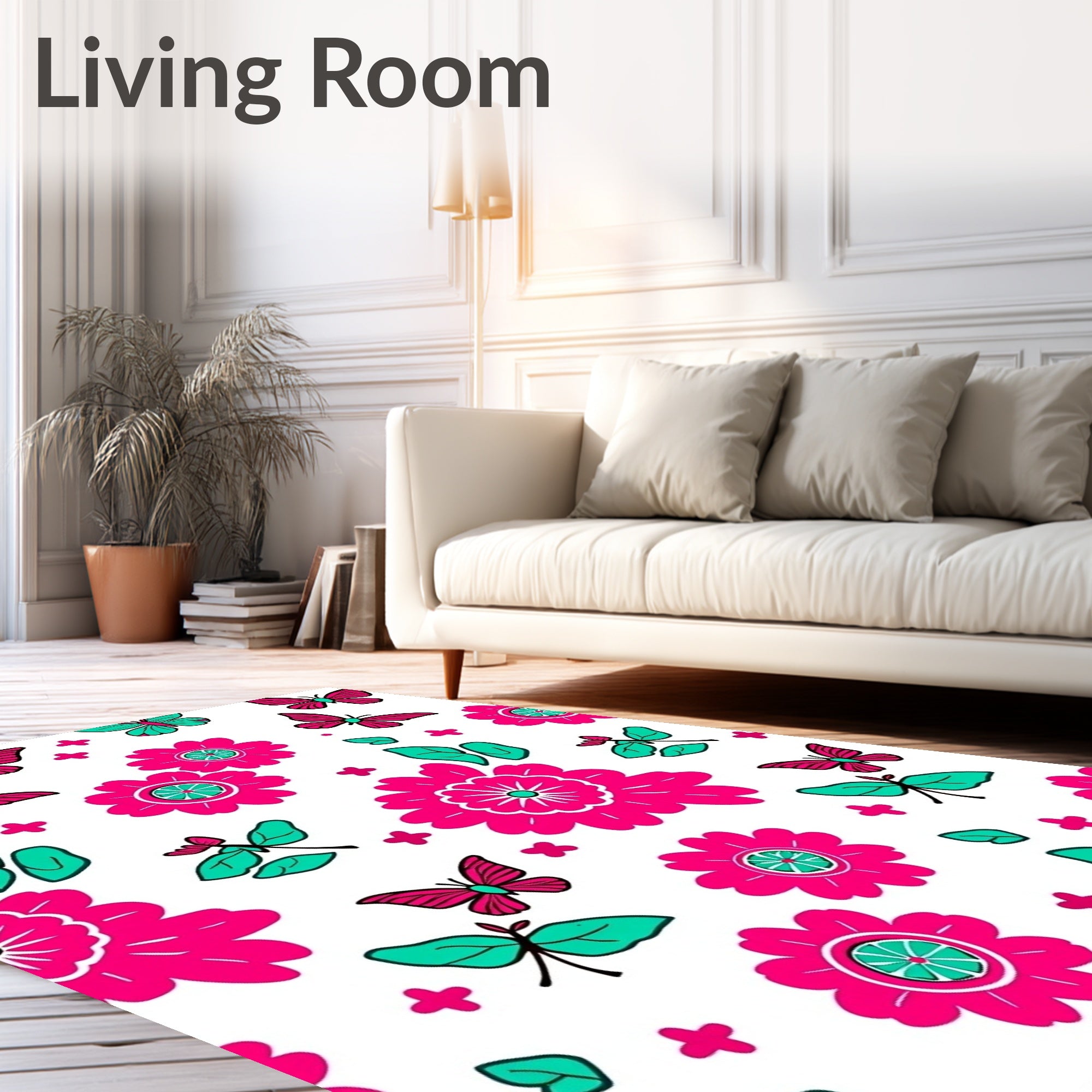 Vibrant Pink Teal Butterfly Floral Garden Rug