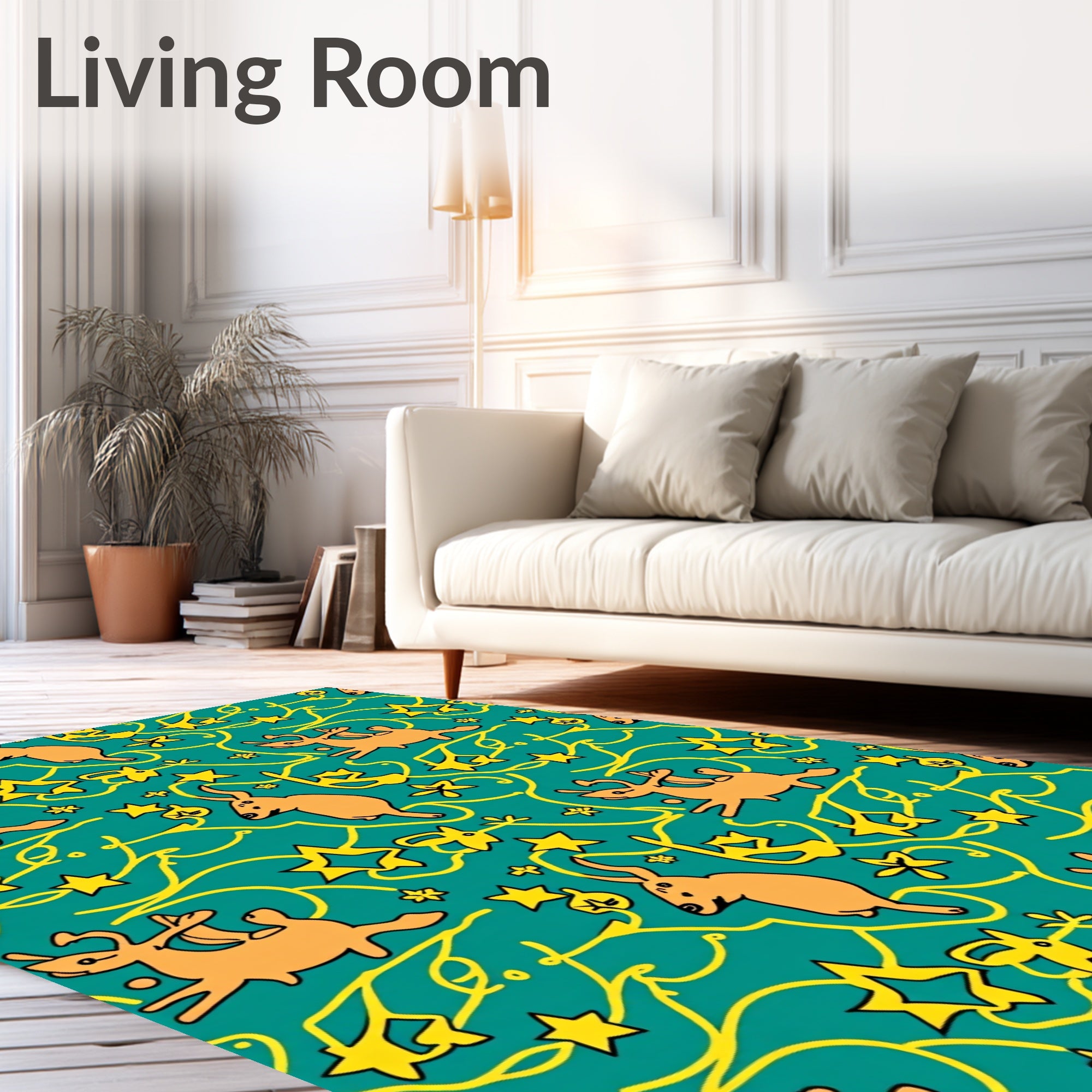 Whimsical Orange Deer Teal Star Swirls Rug