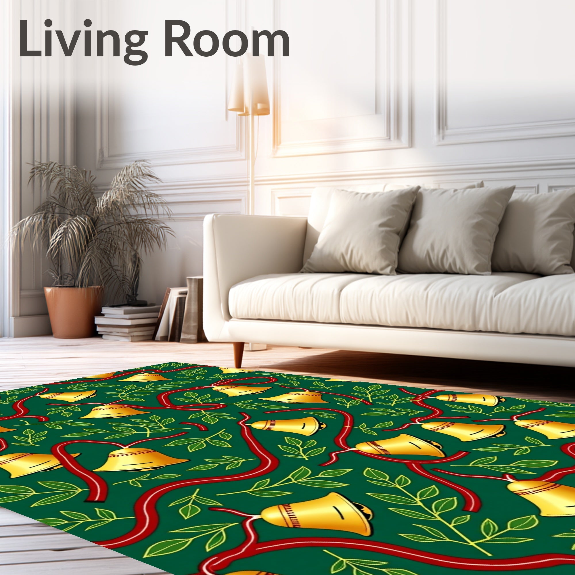 Golden Bells Red Ribbon Green Foliage Rug