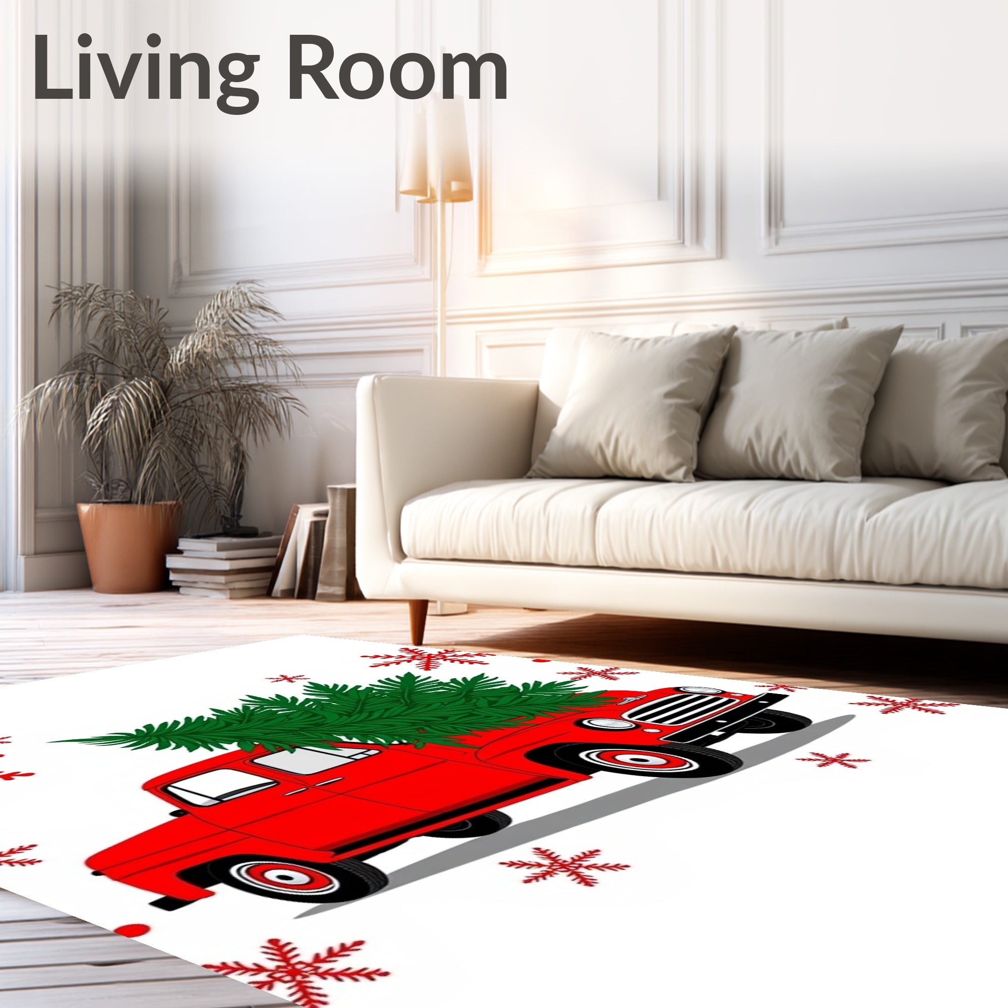 Red Vintage Truck Christmas Tree Snowflakes Rug