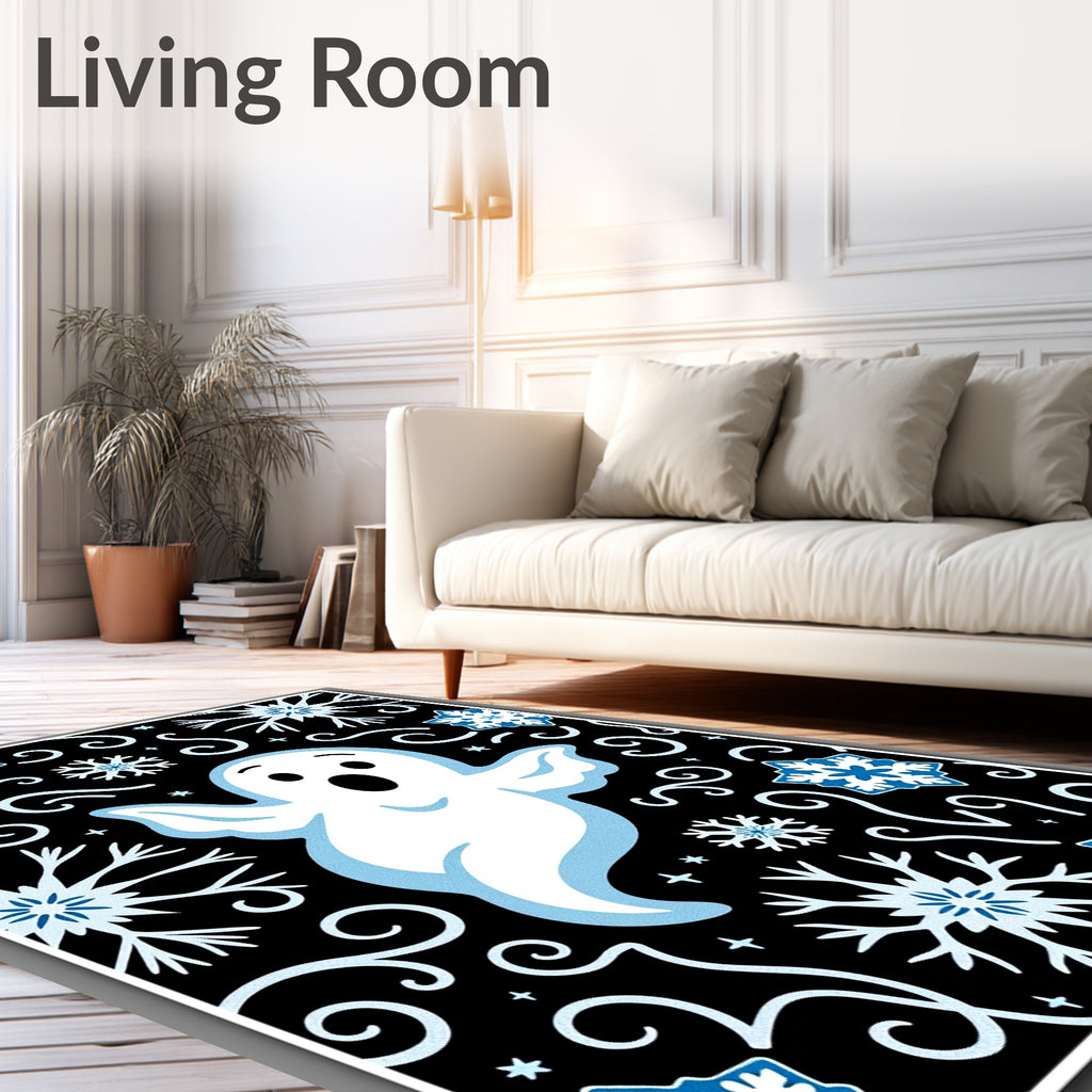 Playful White Ghost Blue Snowflakes Rug