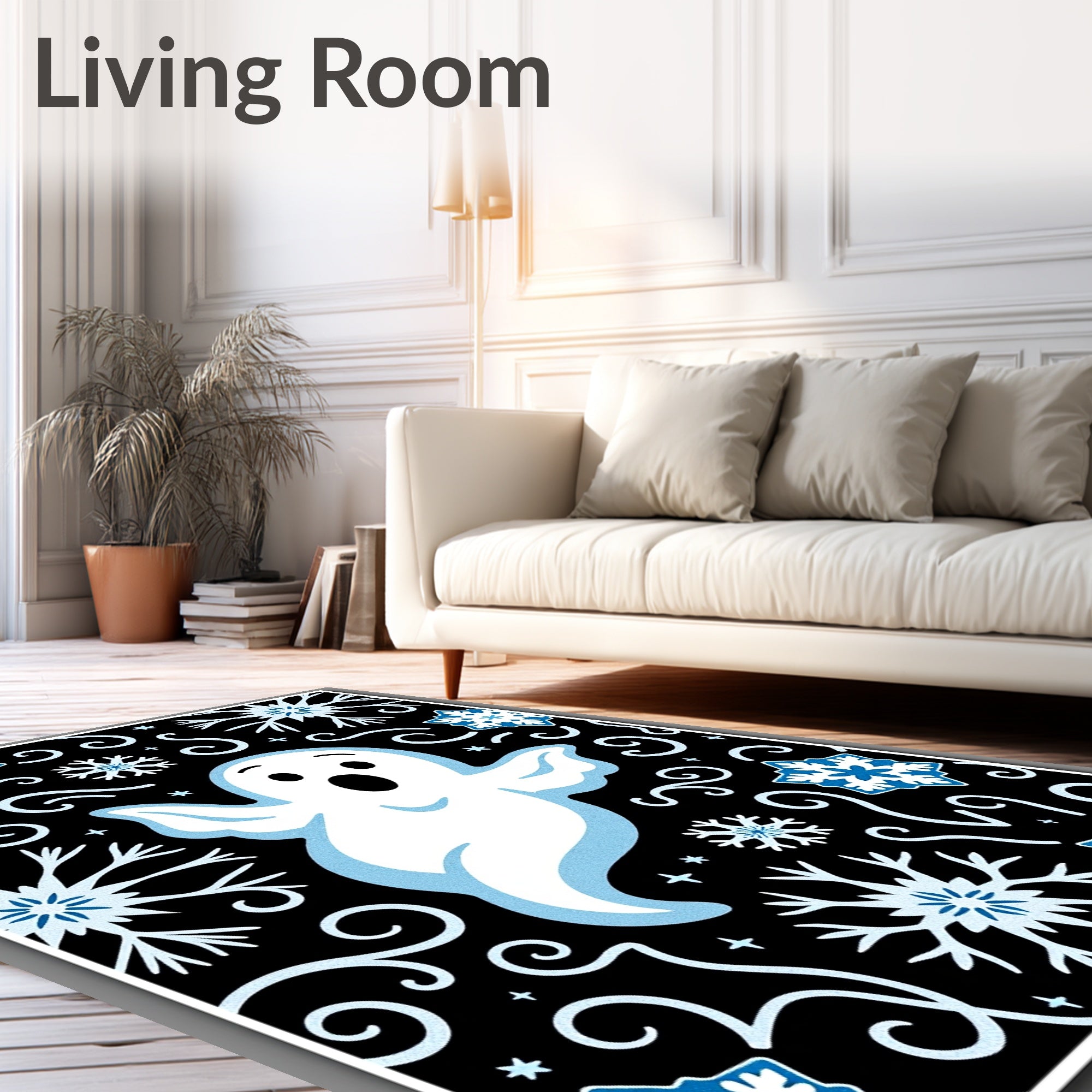 Playful White Ghost Blue Snowflakes Rug