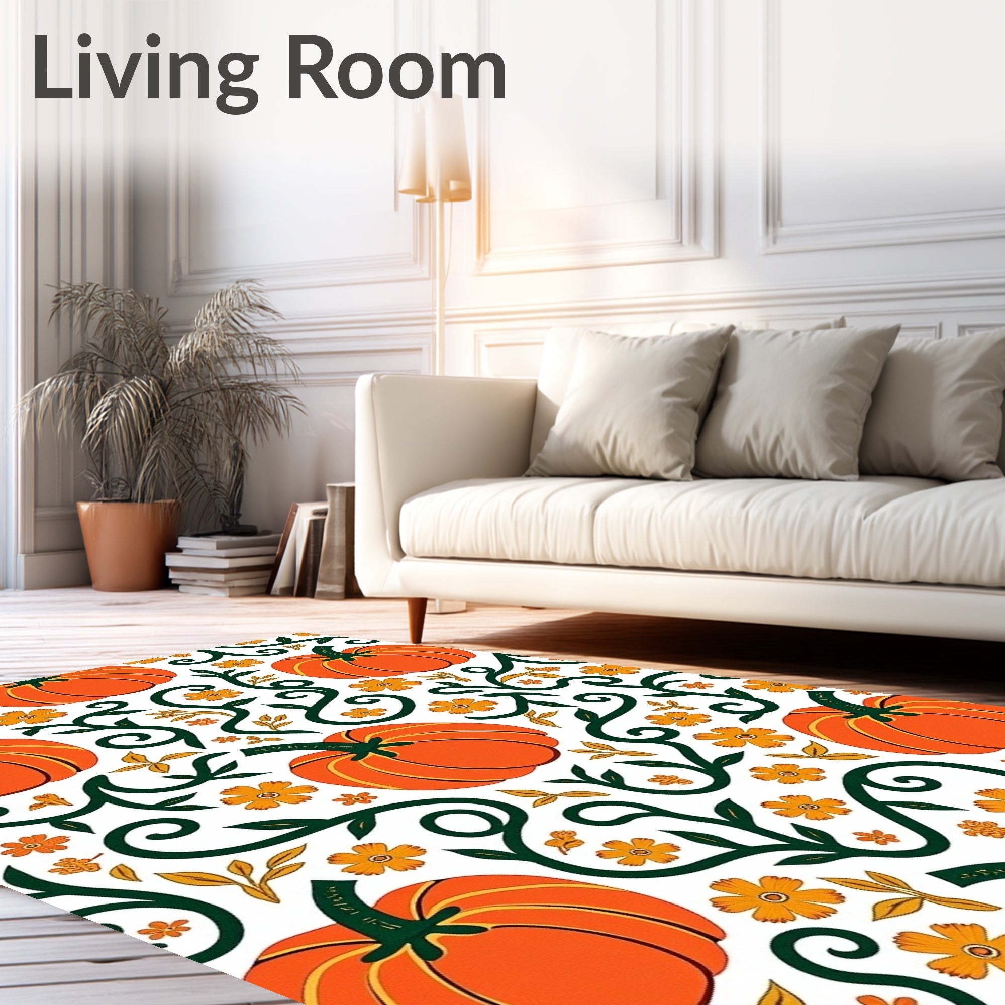 Autumn Orange Pumpkin Floral Swirl Rug