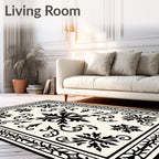 Ornate Black Floral Scrollwork Medallion Rug