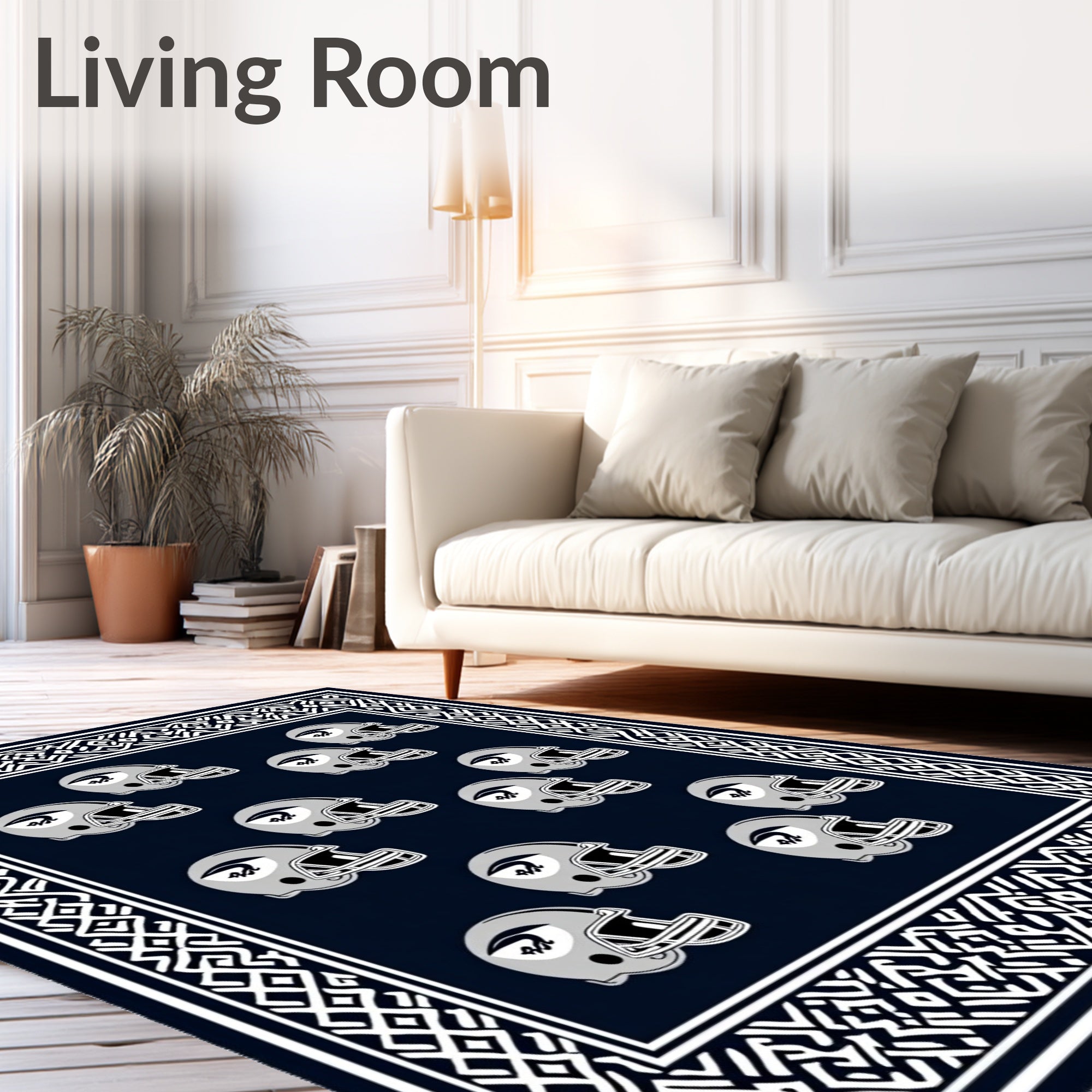 Navy Blue Football Helmets Border Rug