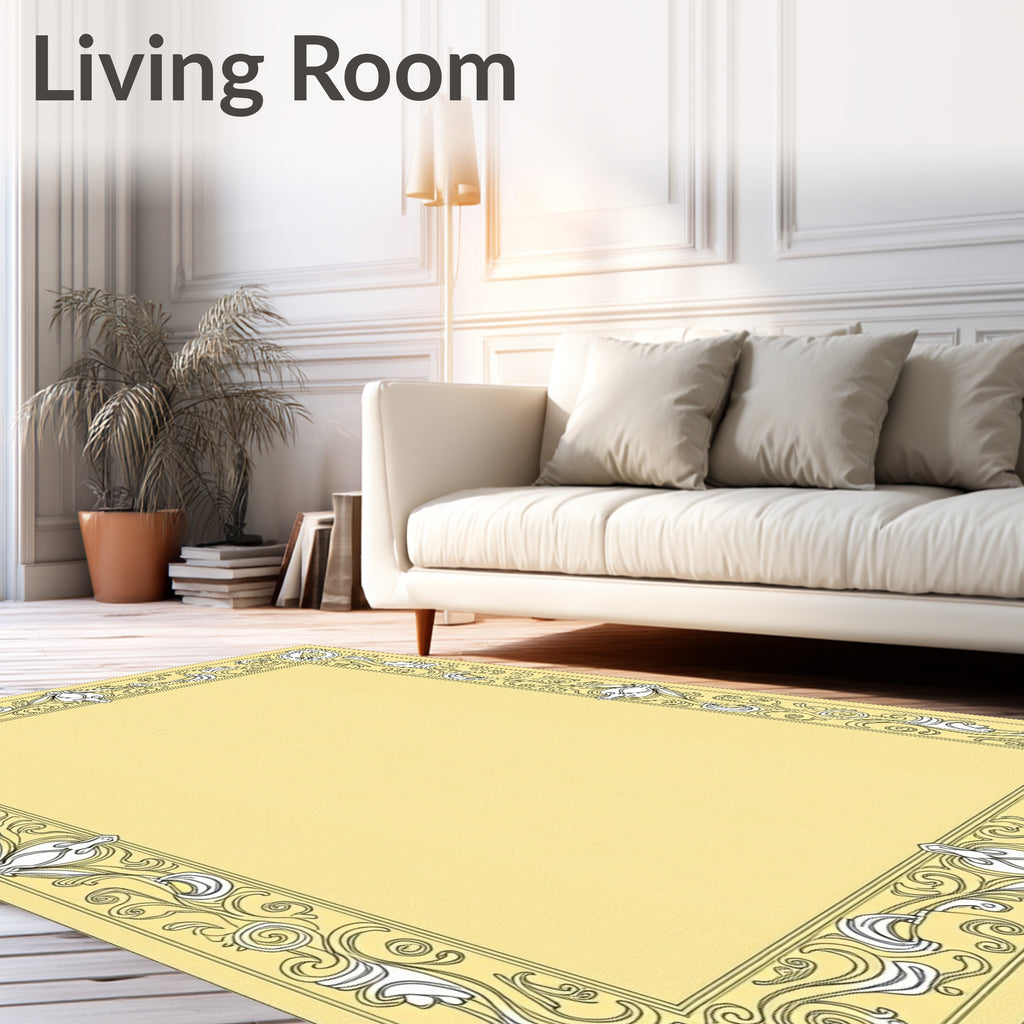 Cream Yellow Floral Swirl Border Rug