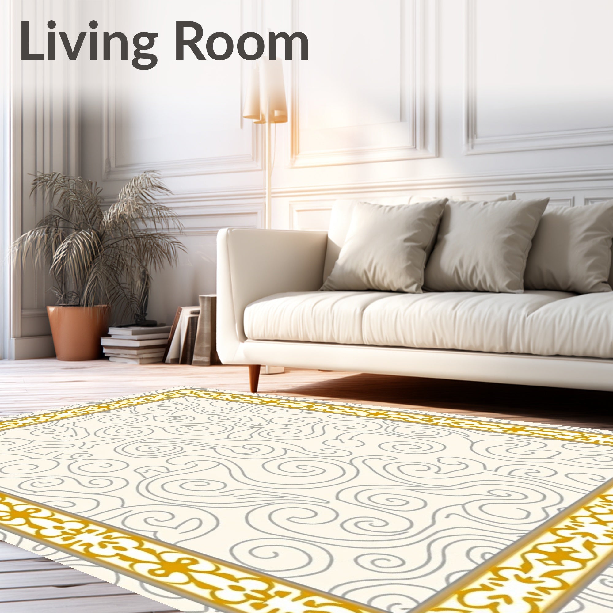 Ornate Gold Cream Swirl Border Rug