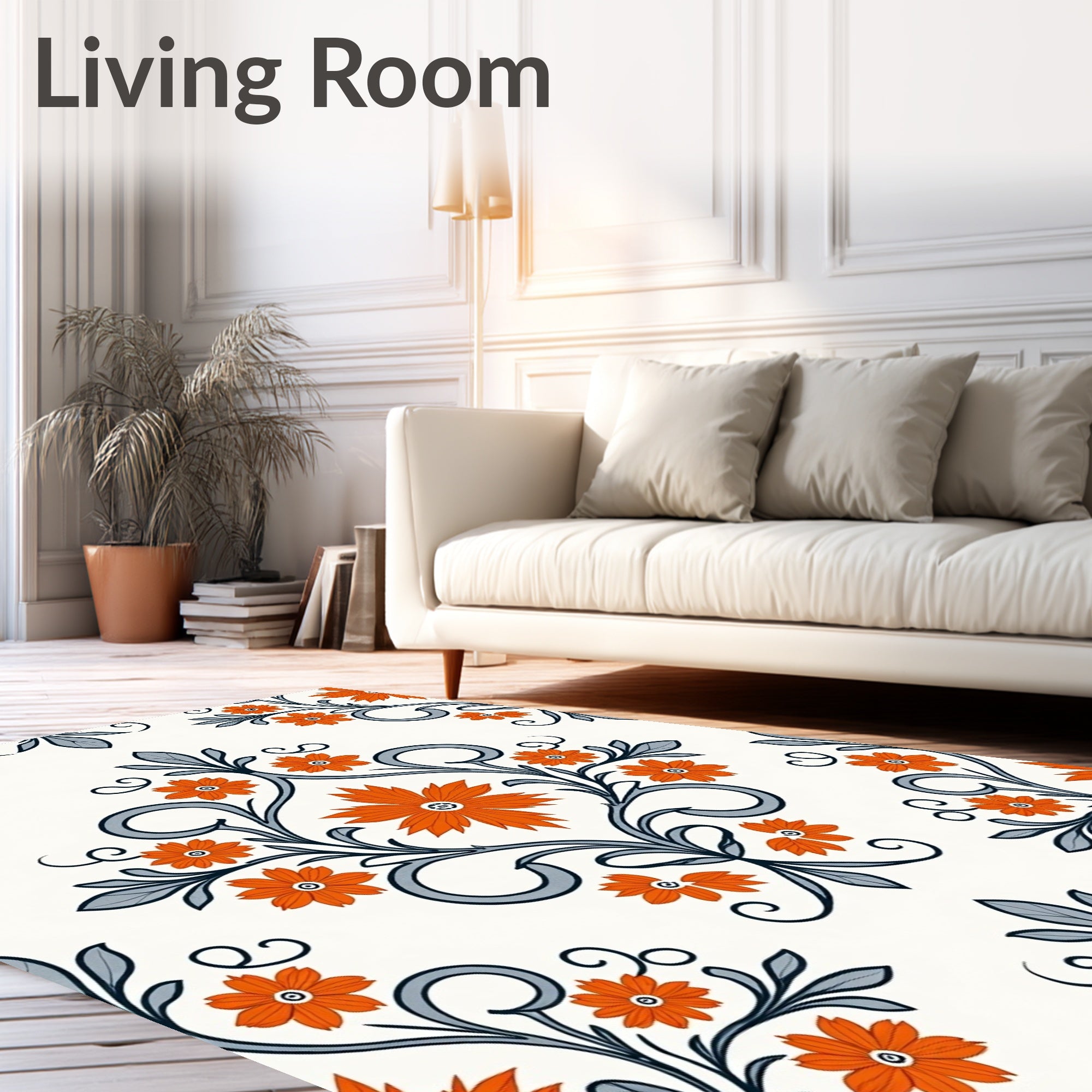 Vibrant Orange Floral Damask Swirl Rug