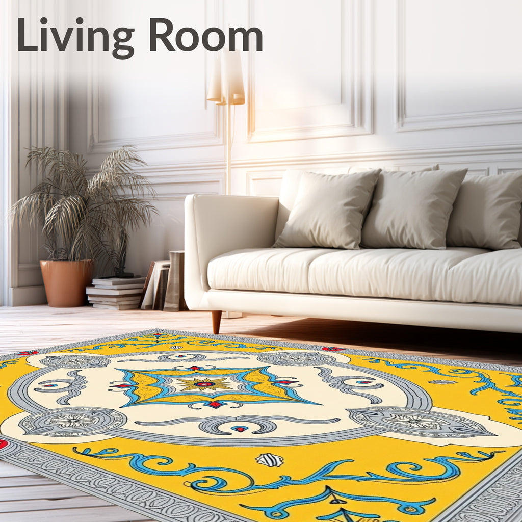 Yellow Blue Gray Floral Center Medallion Rug