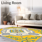 Yellow Blue Gray Floral Center Medallion Rug