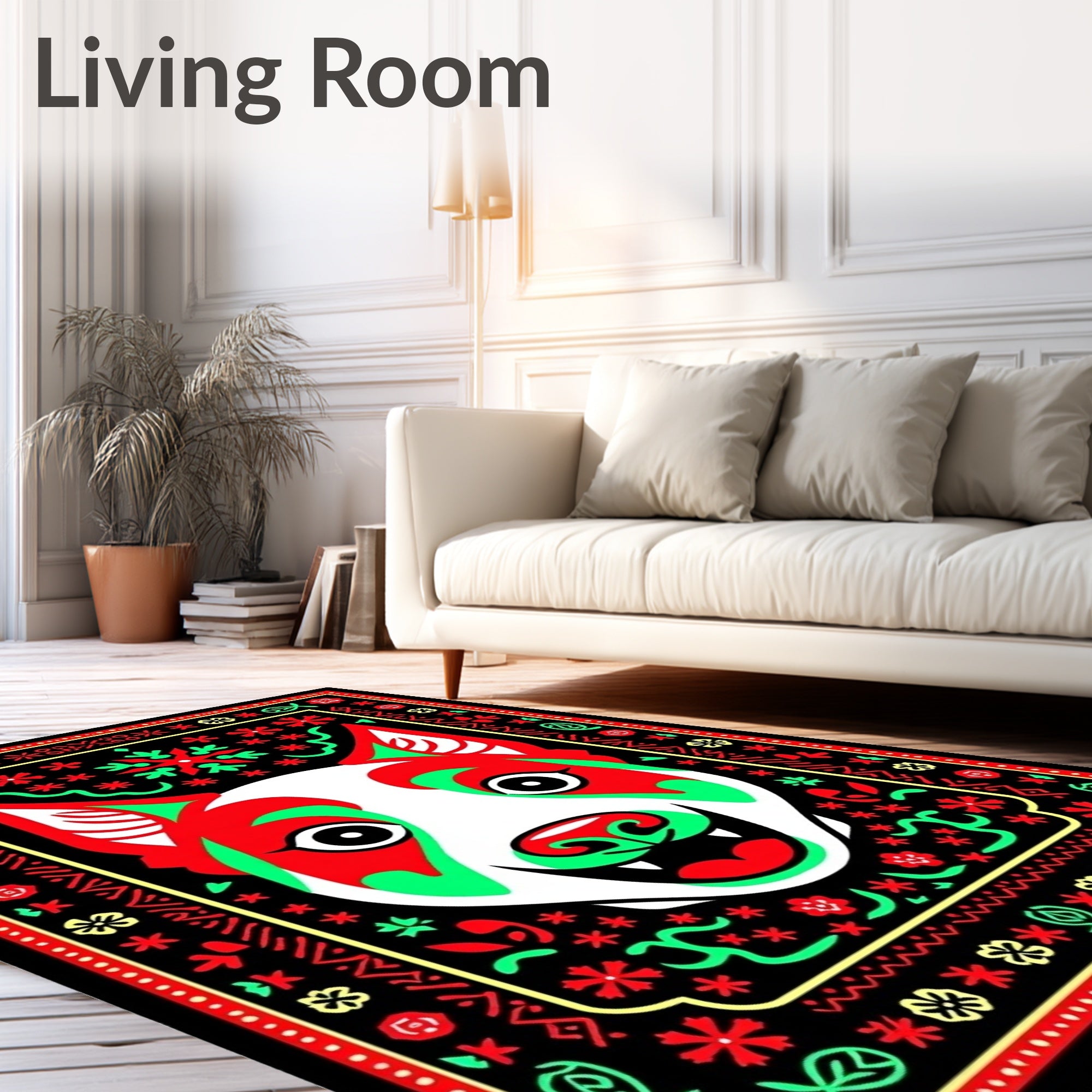 Vibrant Red Green Dog Folk Art Rug