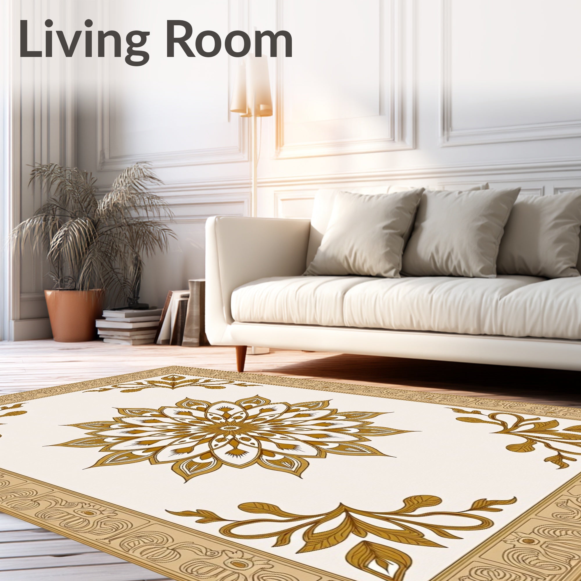Gold Floral Medallion Cream Border Rug
