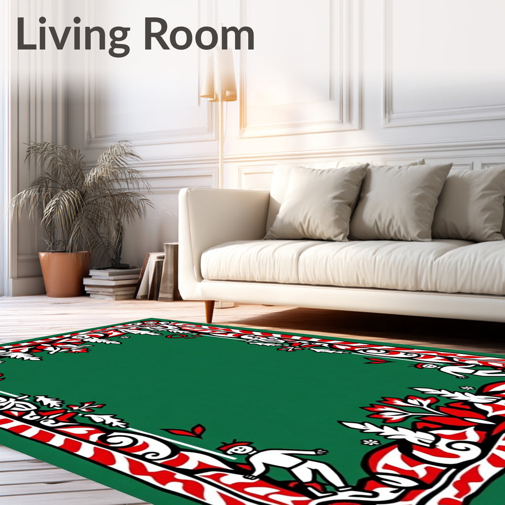 Whimsical Figures Green Red Border Rug