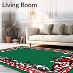 Whimsical Figures Green Red Border Rug