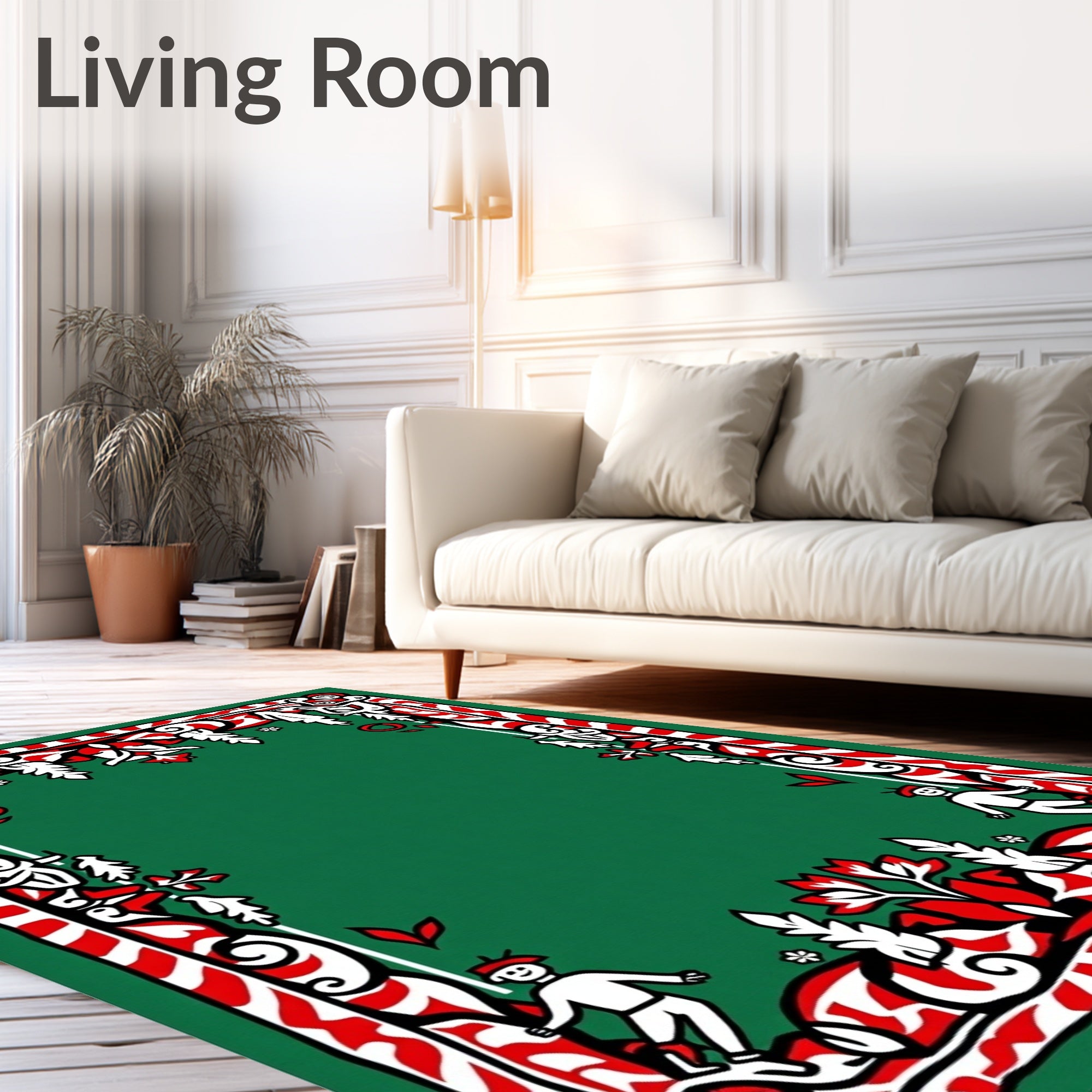 Whimsical Figures Green Red Border Rug