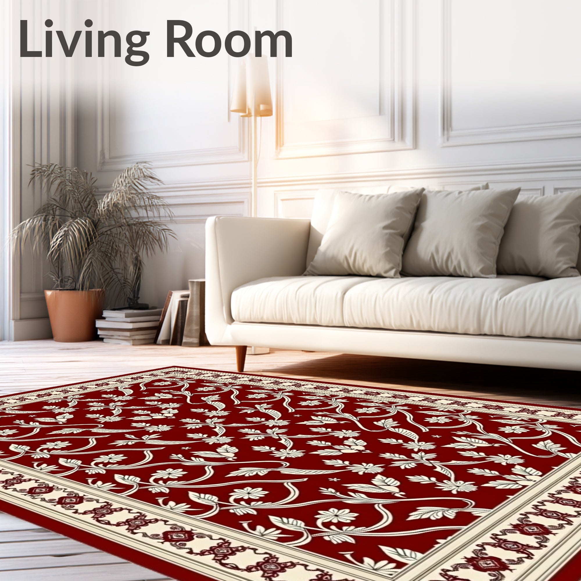 Crimson Cream Floral Vine Border Rug