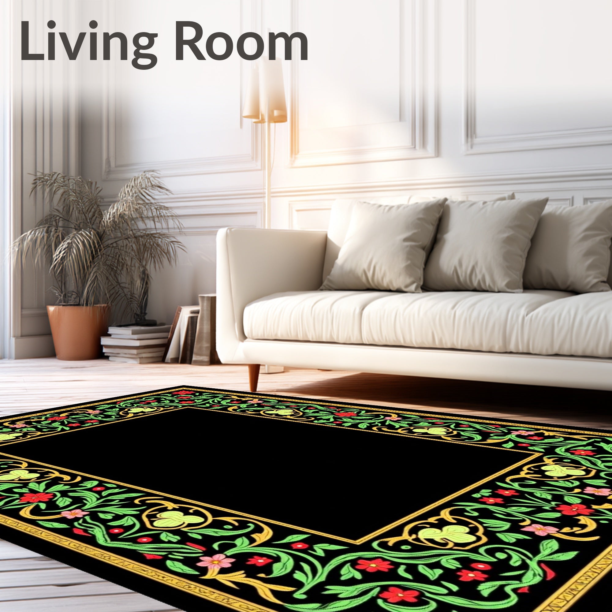 Crimson Green Floral Border Frame Rug