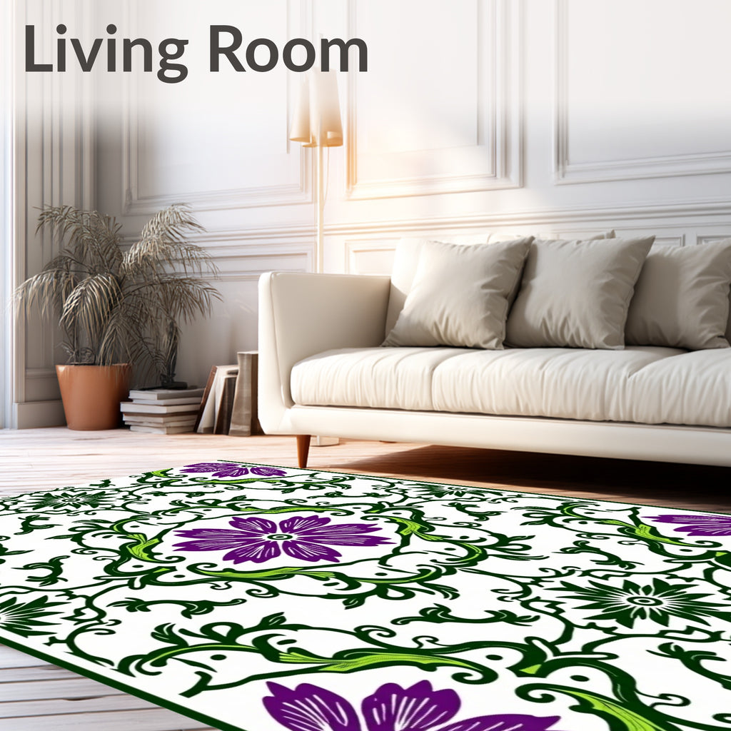 Vibrant Purple Green Floral Symmetry Rug