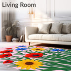 Vibrant Red Poppies Yellow Sunflowers Blue Daisies Rug