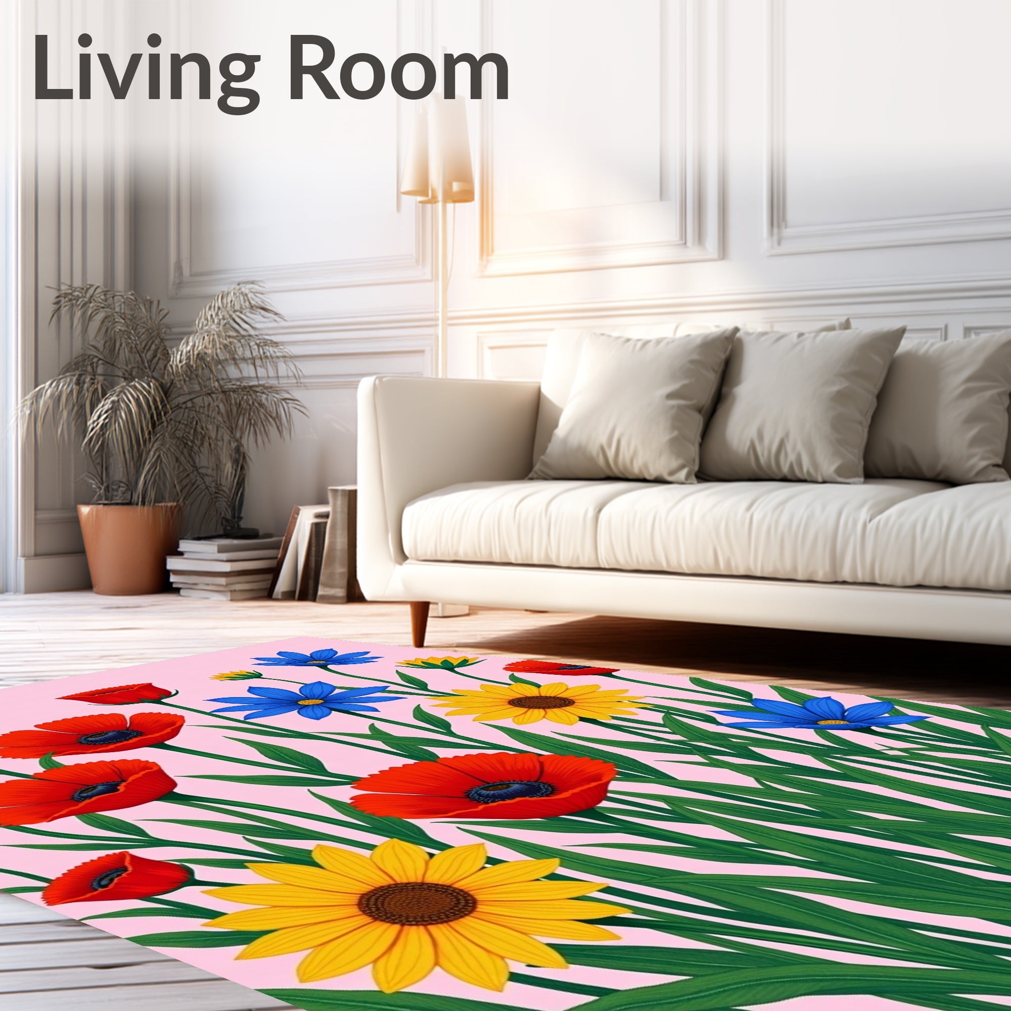Vibrant Red Poppies Yellow Sunflowers Blue Daisies Rug